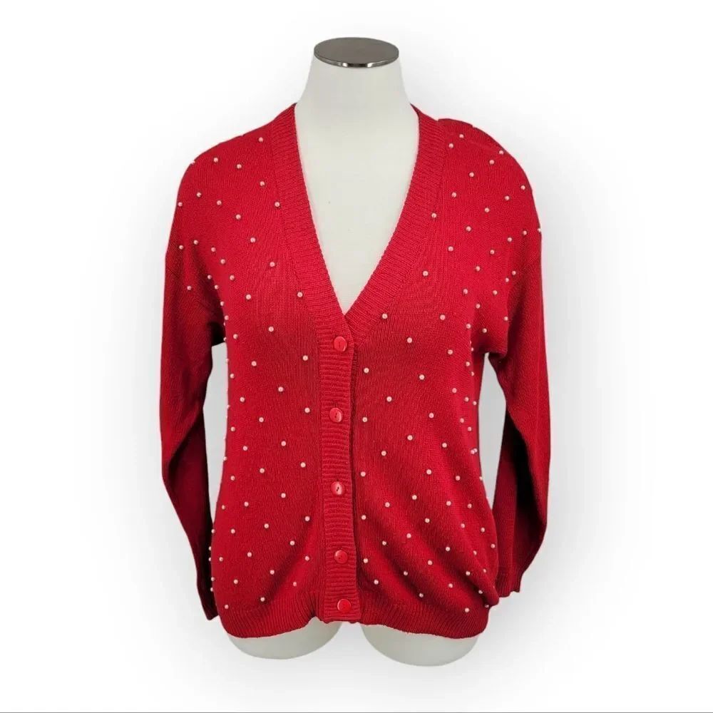 Raoul Vintage Silk Red V-Neck Cardigan Sweater with Pearl Details